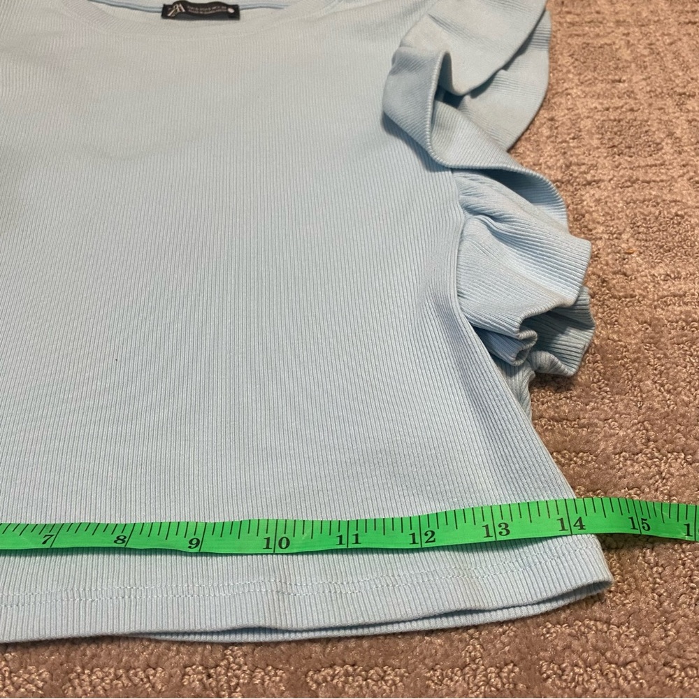 {Zara} Baby Blue Ribbed Sleeveless Crop Top | Ruffles ~ Size Small - Picture 13 of 16